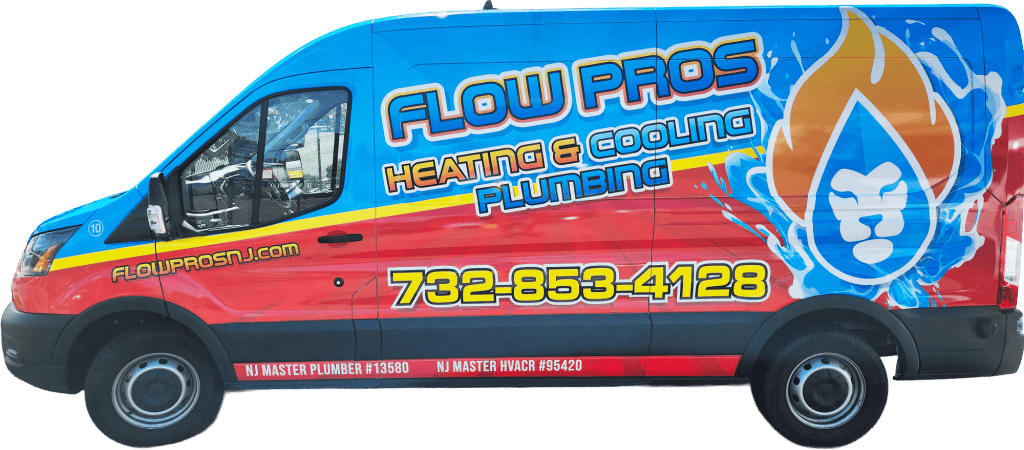 Flow Pros Heating and Cooling Plumbing Van with Contact Information