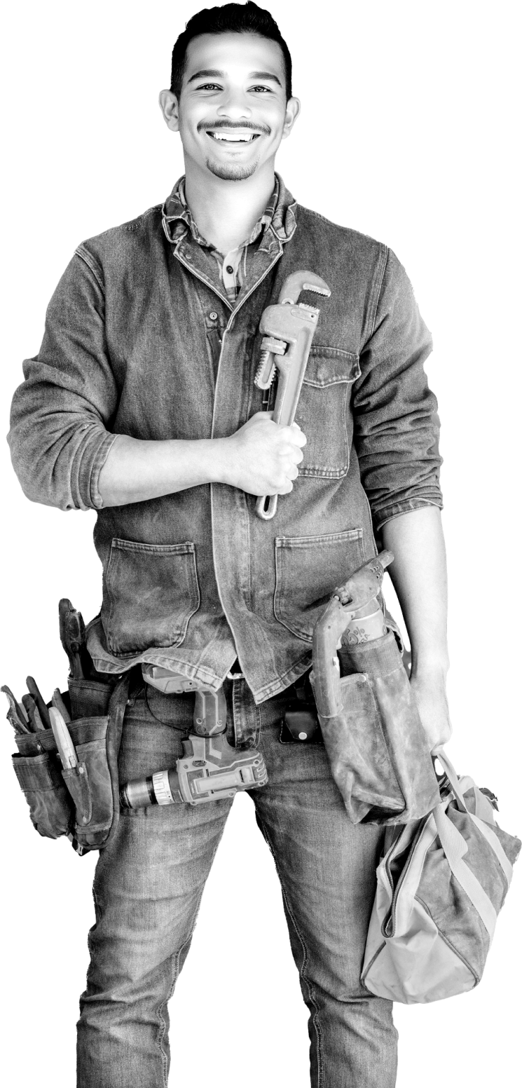 Plumber Holding a Wrench with Tool Belt
