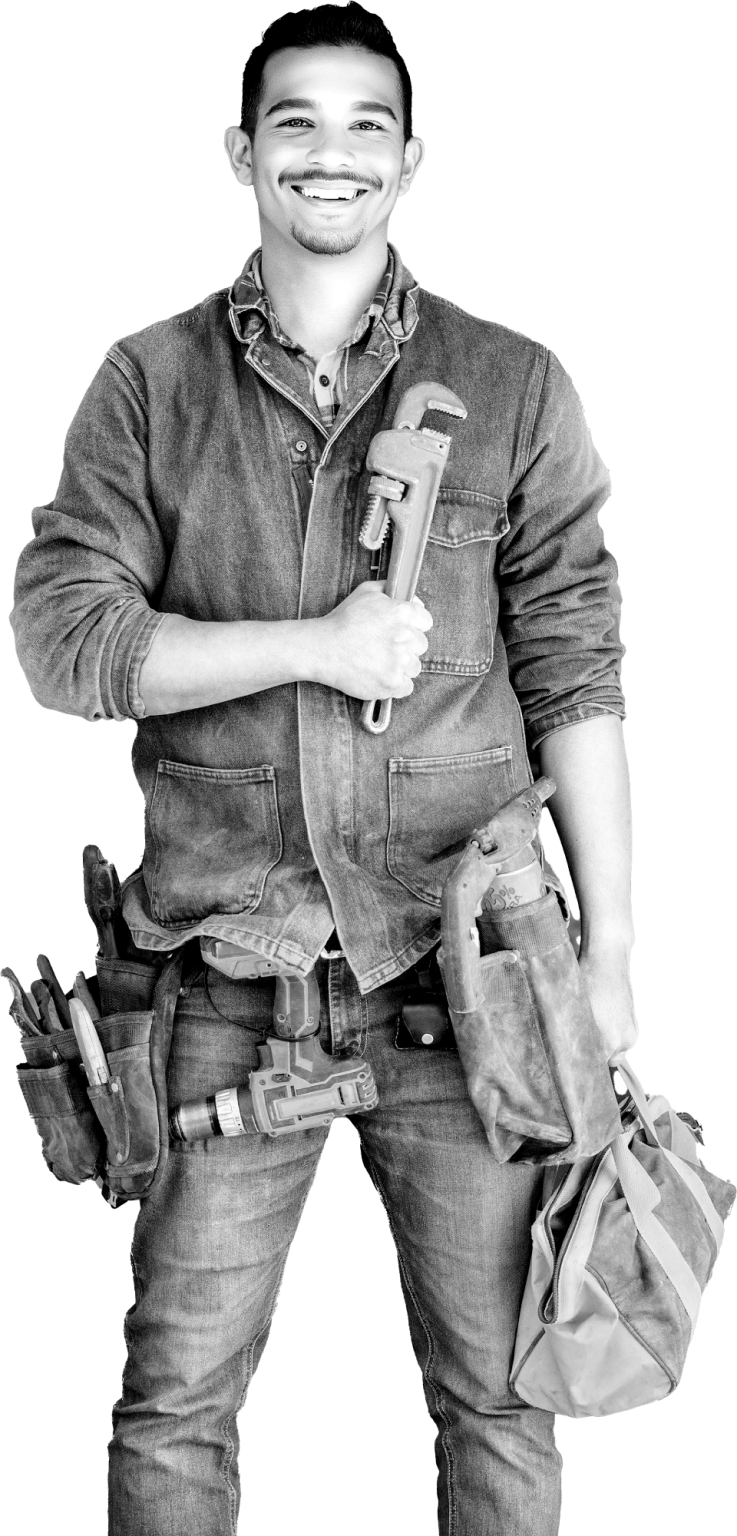 Plumber Holding a Wrench with Tool Belt
